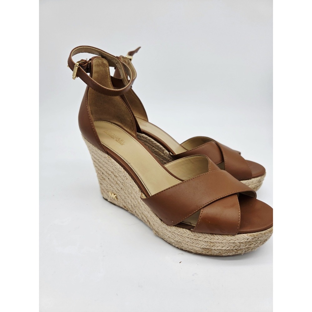 Michael Kors Brown Leather Espadrille Wedge strappy Sandals Women's Size 9M